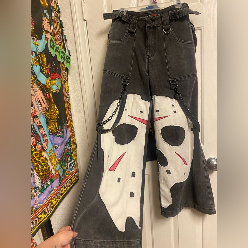 Jason nightmare mask wide leg Halloween denim pants with chains